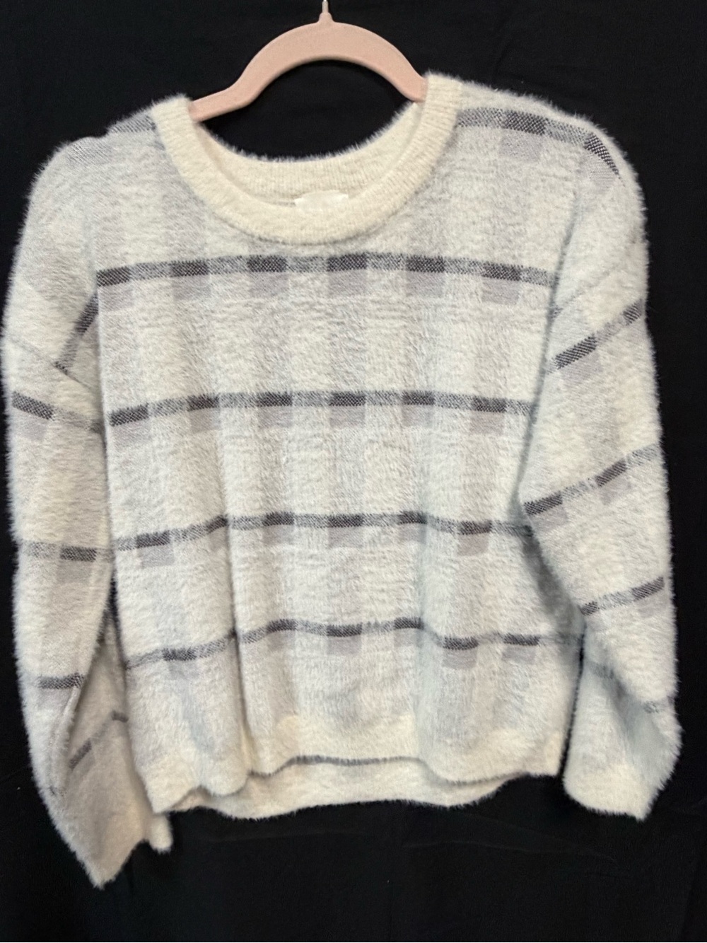 Cyrus Cream Fuzzy Crewneck Sweater with Gray Plaid